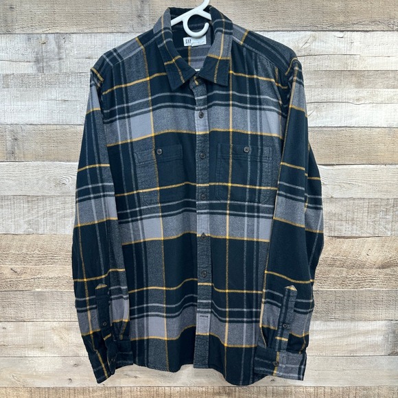 GAP Other - GAP Men Plaid Standard Fit Flannel Shirt Black Grey Yellow Button Up Size L